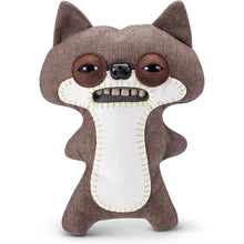 9-inch brown cat-shaped doll with stitched white belly panel and printed angry grin