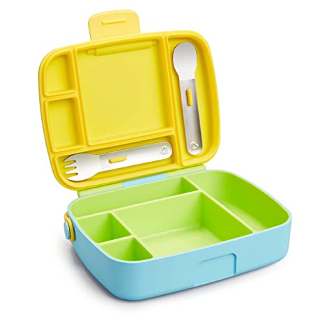 Lunch Bento Box with Stainless Steel Utensils - Green, Blue, Yellow